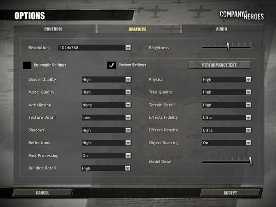 Company of Heroes test settings  